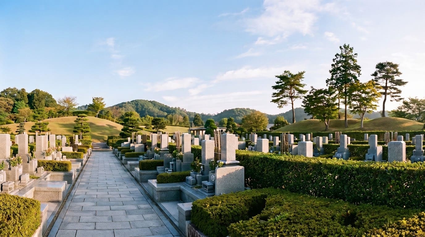 緑に囲まれた静かな霊園に墓石が並ぶ風景