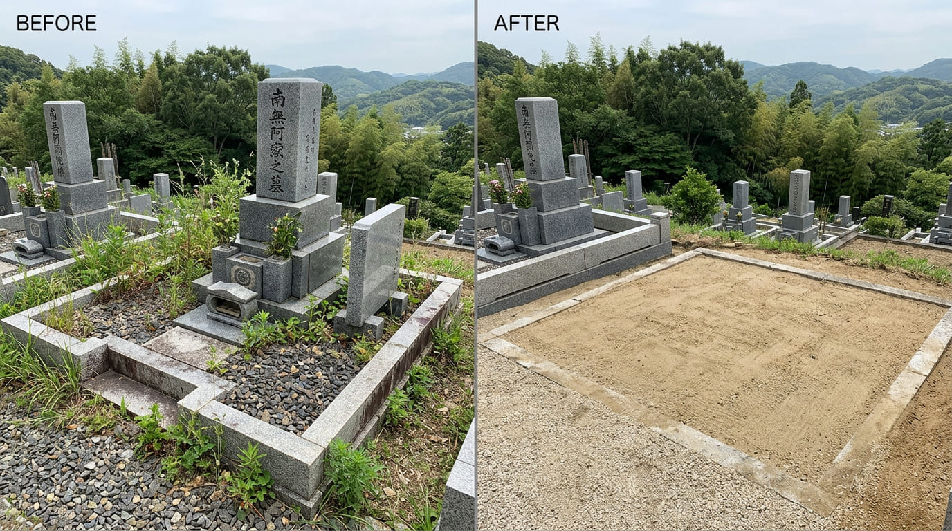 福岡県北九州市の共同墓地1.5㎡区画の墓じまいビフォーアフター写真。雑草の生えた墓所が更地になった様子