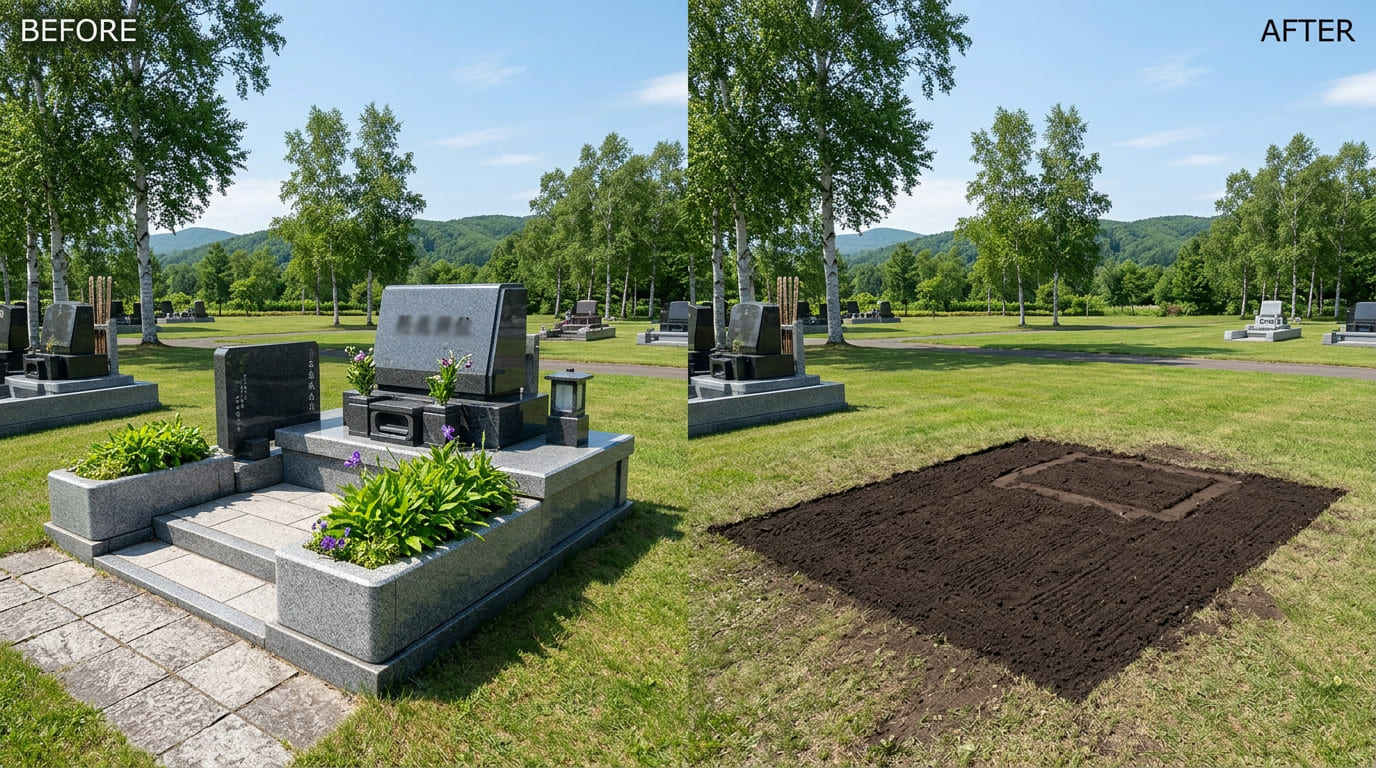北海道札幌市の民営霊園2㎡区画の墓じまいビフォーアフター写真。大型墓石の撤去前と芝生に戻した後