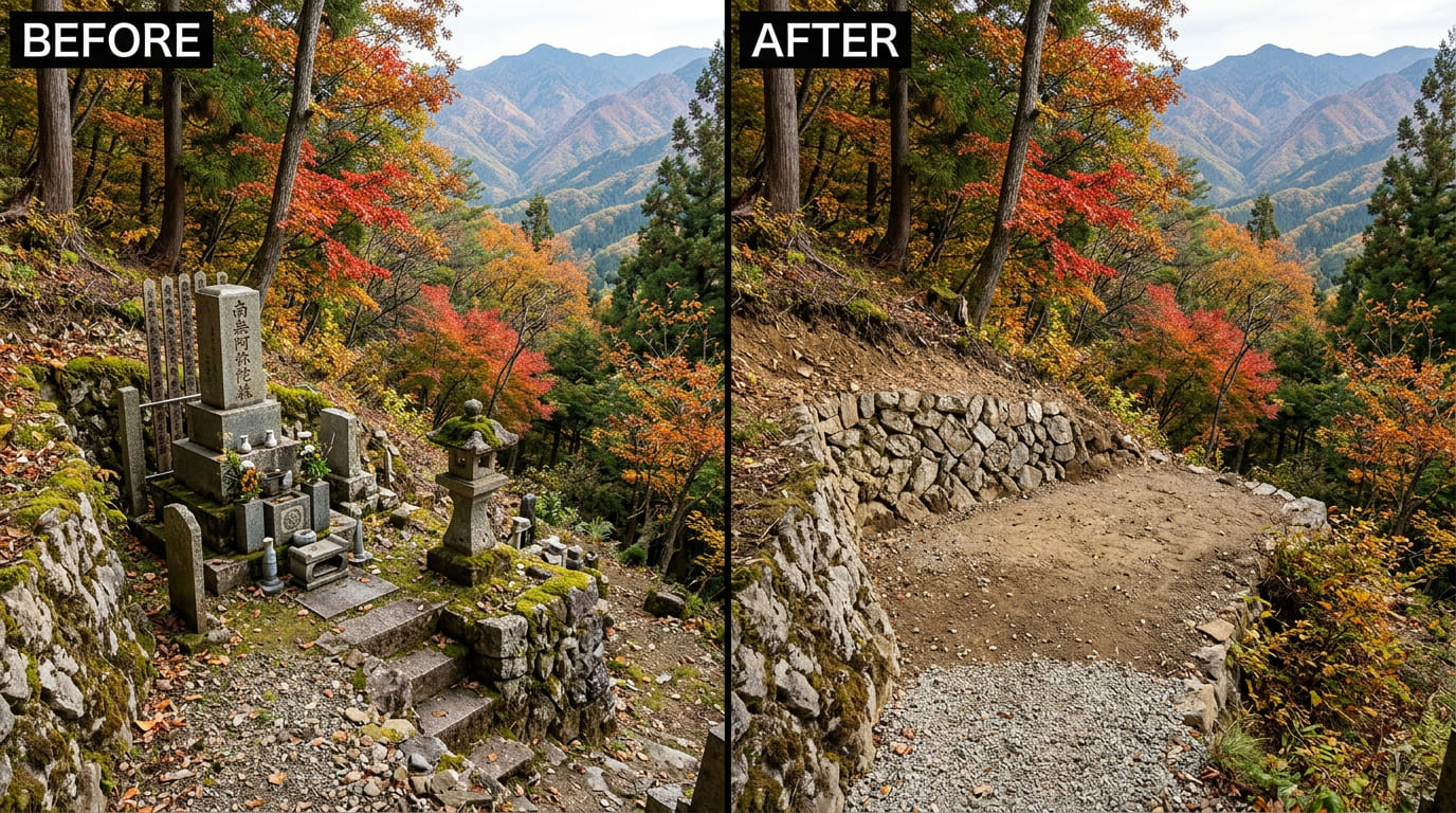 長野県上田市の山際にある2㎡区画の墓じまいビフォーアフター写真。石垣上の墓石が撤去され整地された様子