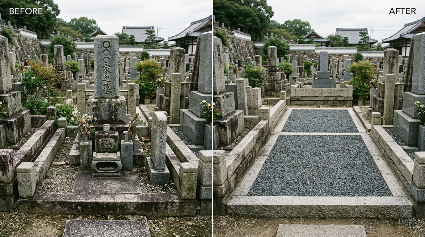 大阪府堺市の寺院墓地1㎡区画の墓じまいビフォーアフター写真。左が撤去前の墓石、右が更地化後
