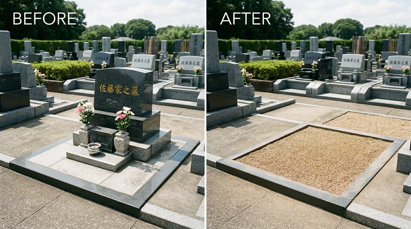 東京都八王子市の公営霊園0.75㎡区画の墓じまいビフォーアフター写真。左が撤去前、右が整地後